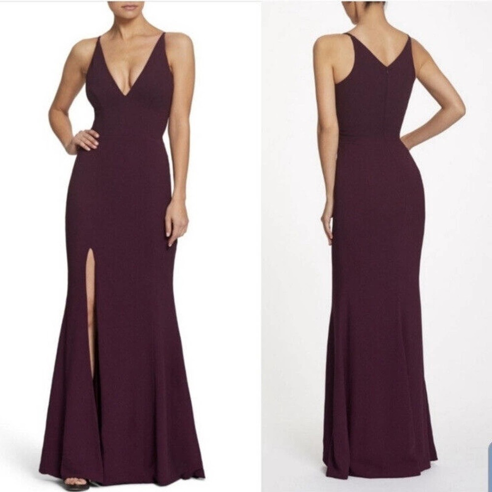 NWT Dress The Population Iris Crepe Gown Women's Side Slit Burgundy Size L